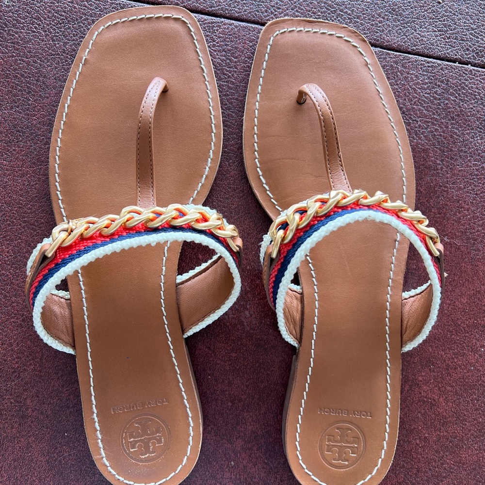 Tory Burch Tan Sandals with Red and Blue Accents